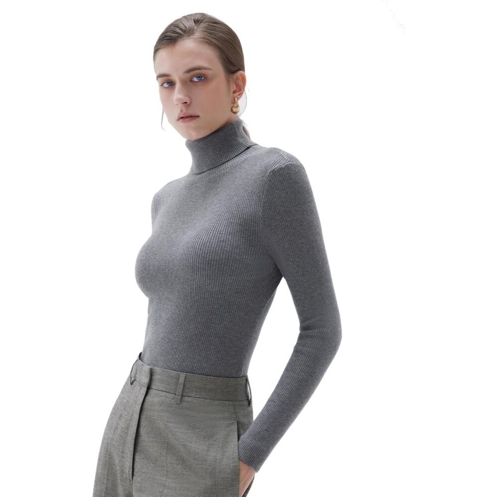 Women Turtleneck Cashmere Warm Gray Sweater Long Sleeve Fall Basic Thermal Tops